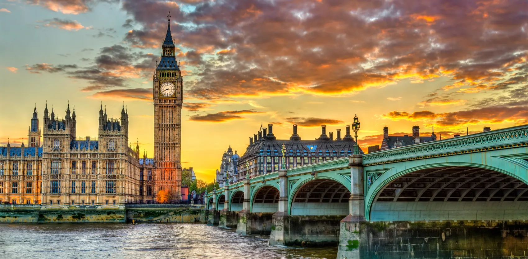 Westminster Bridge and the River Thames with Houses of Parliament in the background