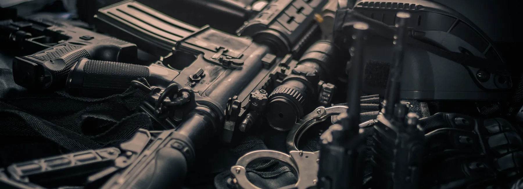military equipment and weapons close up shooting