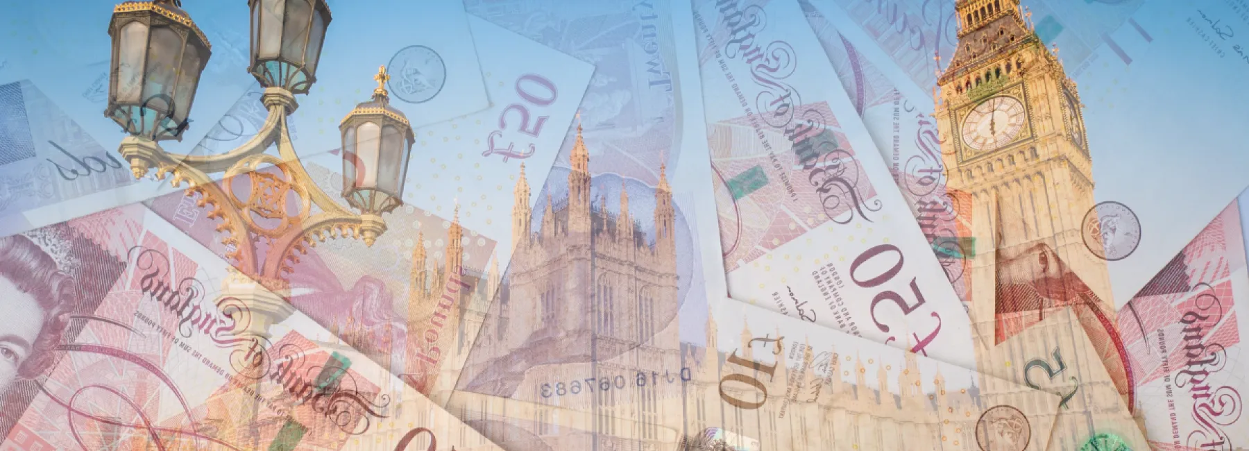 Pound notes in front of the Palace of Westminster