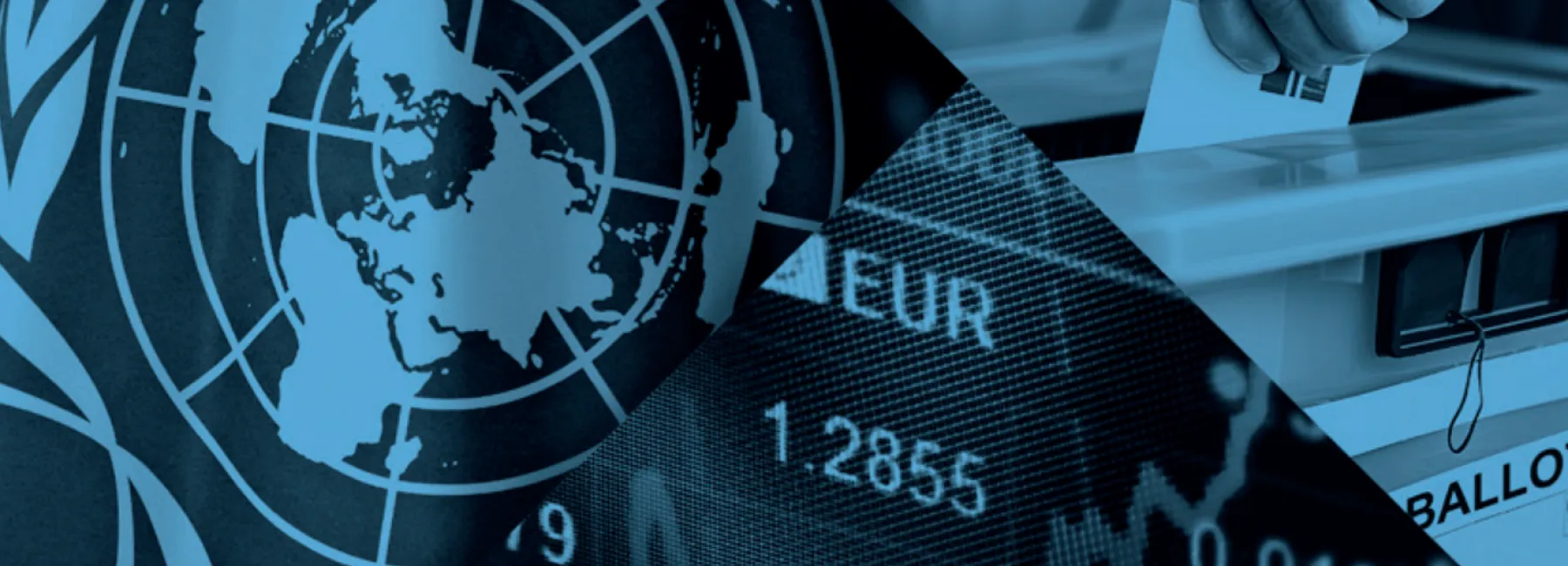 A UN logo, stock exchange screen and ballot box signifying the work of TI-UK