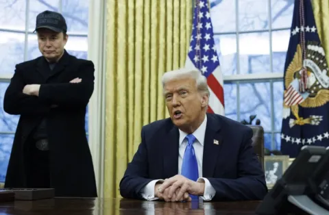 Elon Musk stand over Donald Trump in the Oval Office