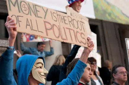 Money in politics protest banner