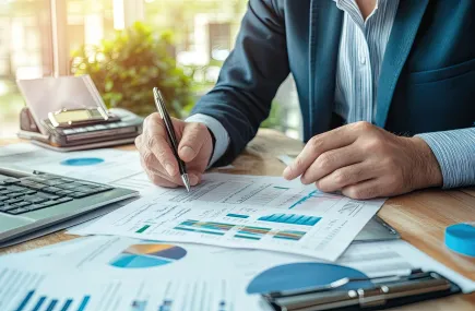 Man with documents with graphs on