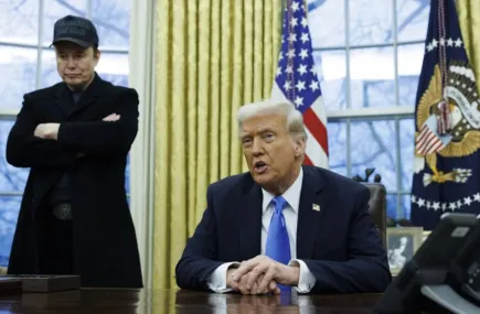 Elon Musk stand over Donald Trump in the Oval Office