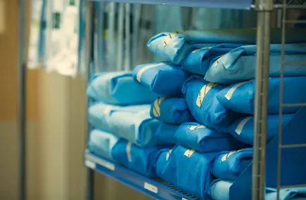A pile of blue surgical gowns