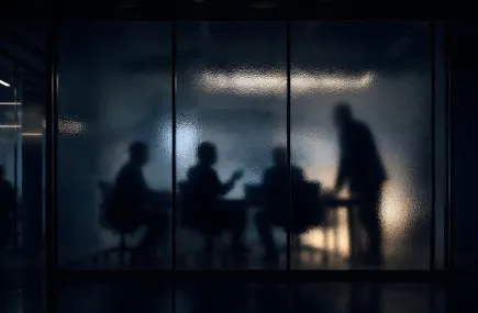 Silhouettes behind frosted glass in a meeting room