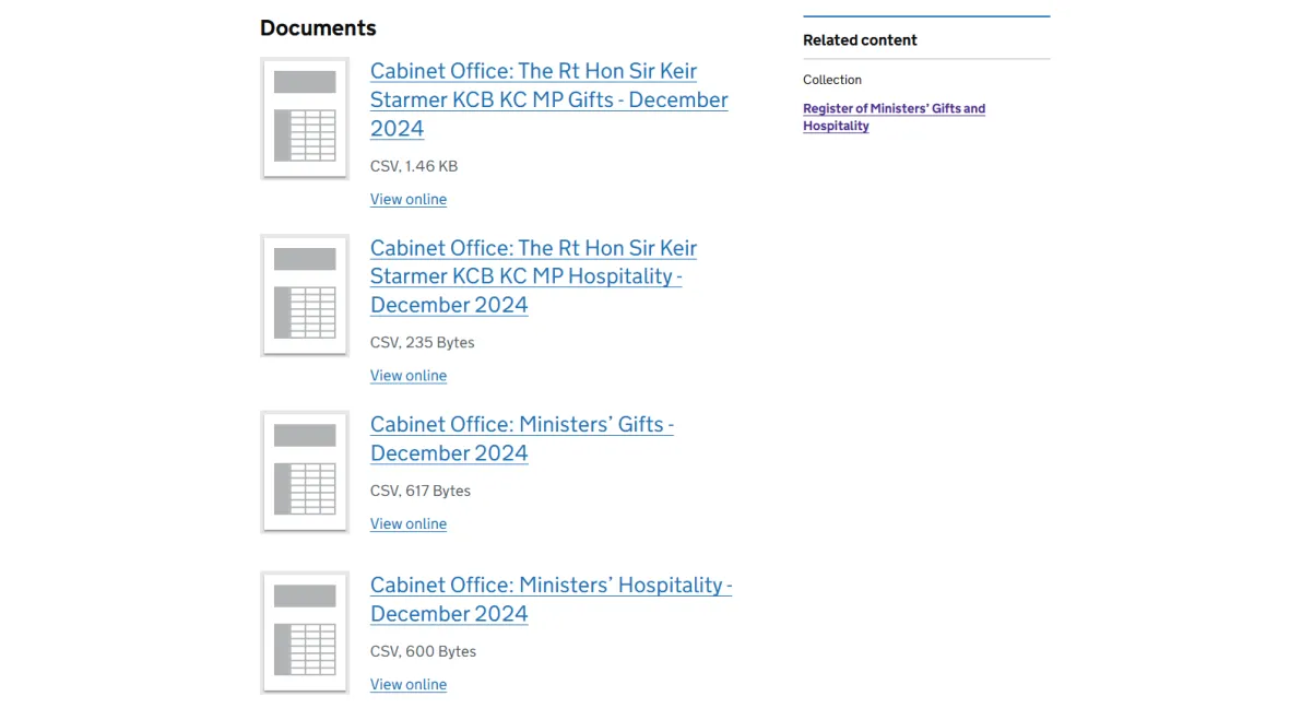 The register of ministerial gifts and hospitality webpage