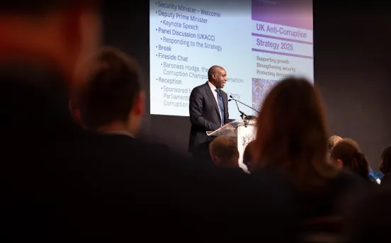 Former Justice Secretary, David Lammy speaking at the launch of the Anti-Corruption Strategy